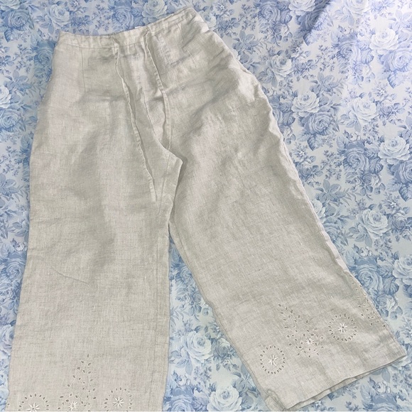 Vintage High Waisted Linen Capri Eyelet Cropped Pants Wide Leg Drawstring Small - Picture 6 of 7